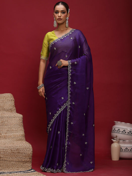 Purple Purple Party Wear Satin Silk Embellished Saree