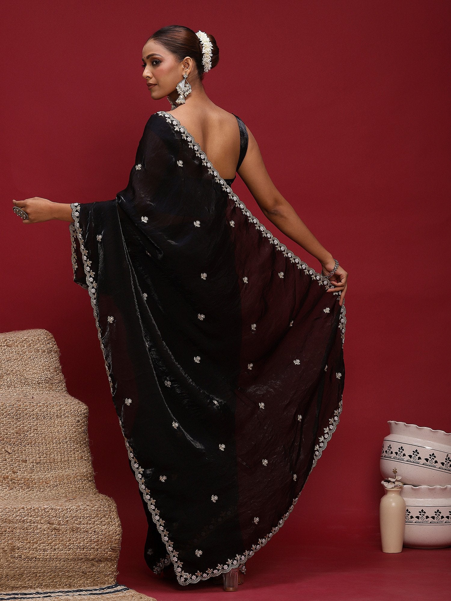Black Party Wear Satin Embellished Saree