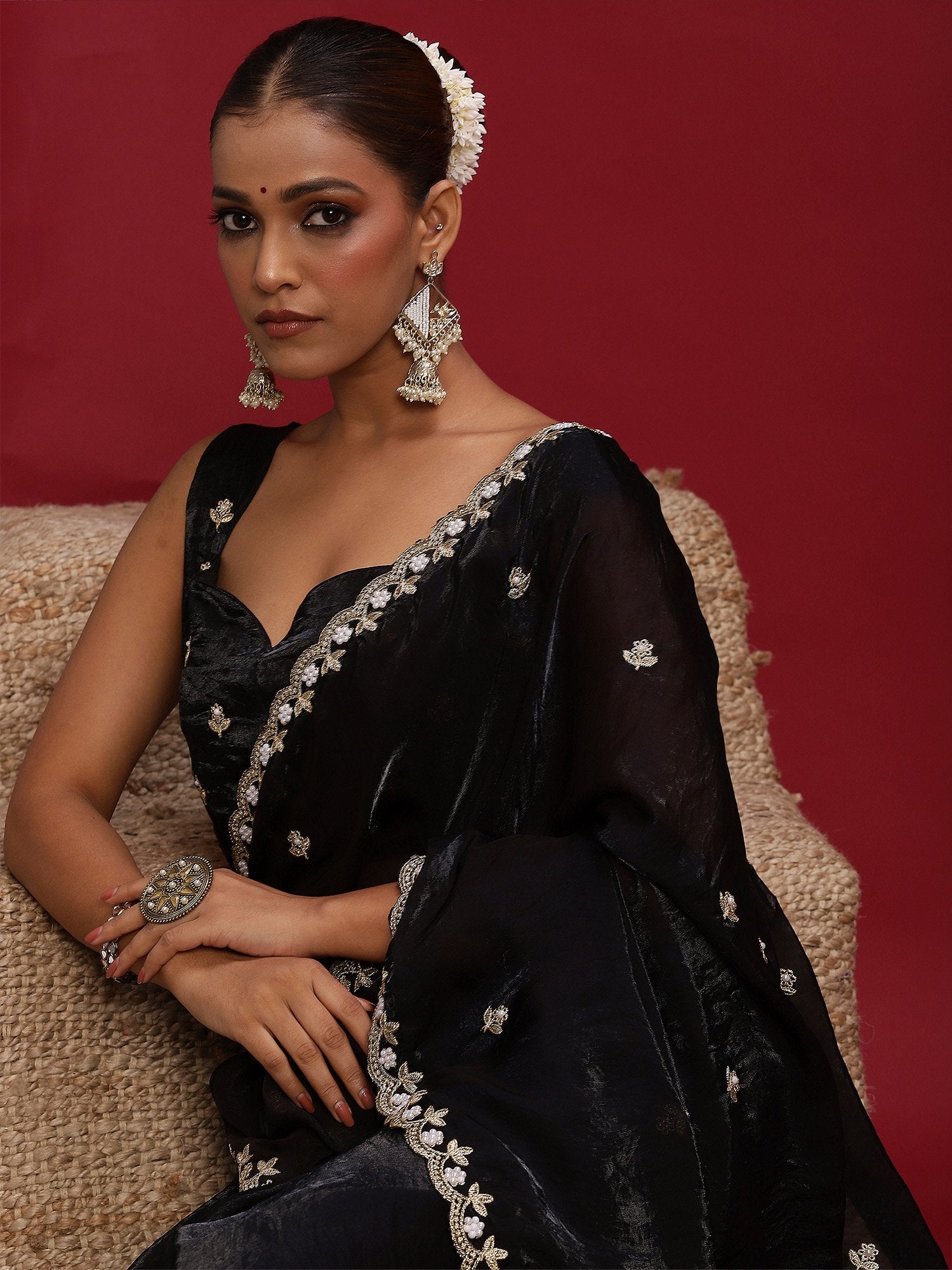 Black Party Wear Satin Embellished Saree