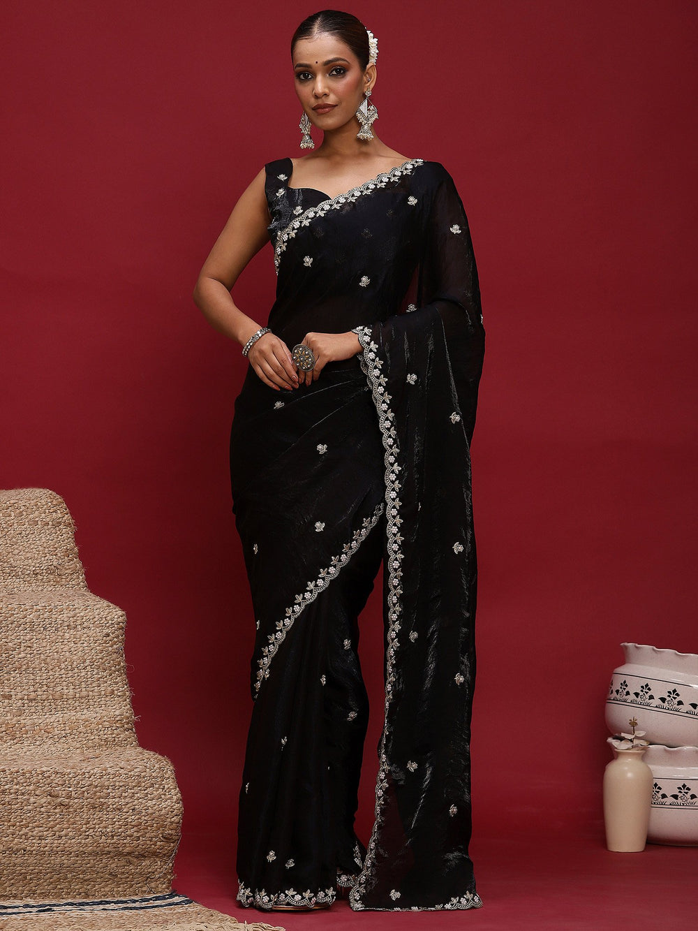 Black Black Party Wear Satin Embellished Saree