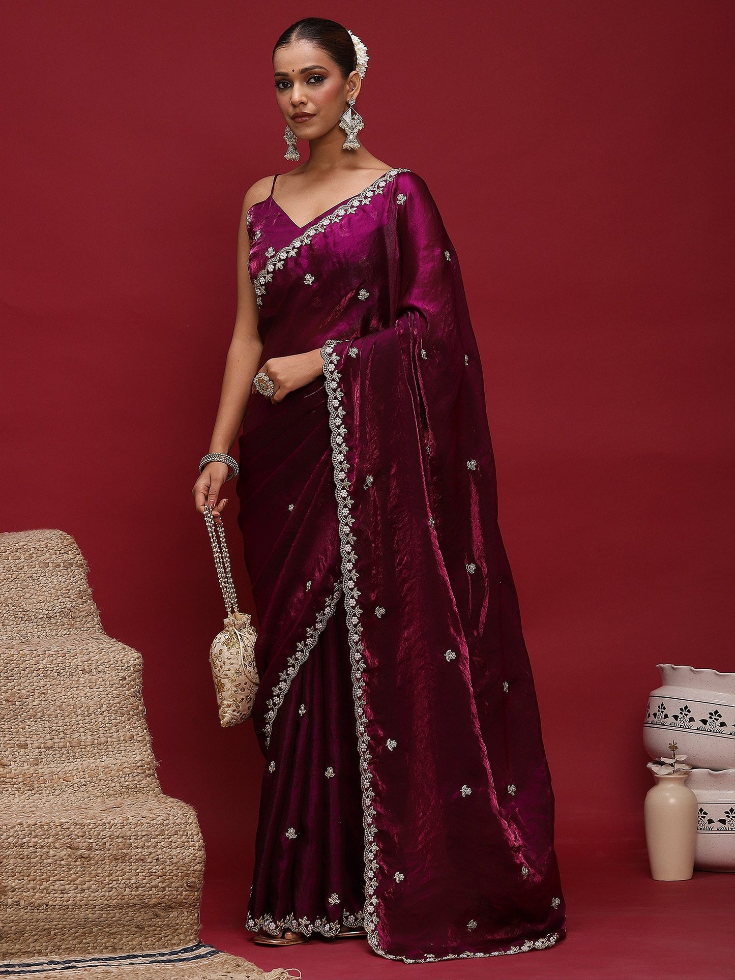 Purple Party Wear Satin Embellished Saree