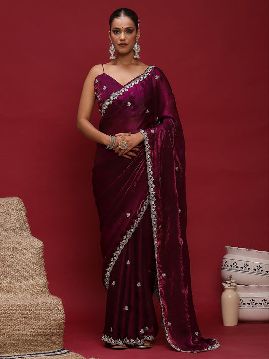 Purple Purple Party Wear Satin Embellished Saree
