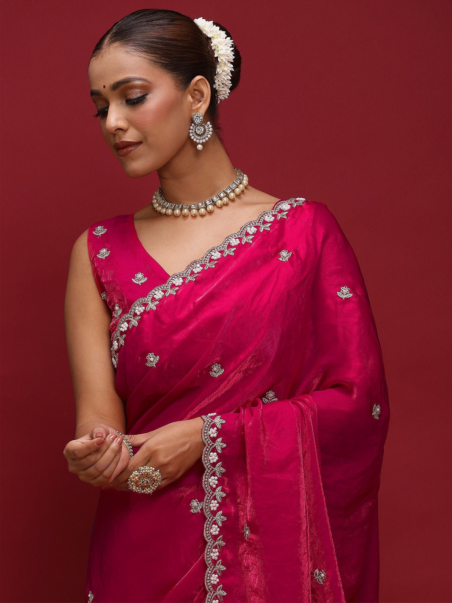Pink Party Wear Satin Embellished Saree