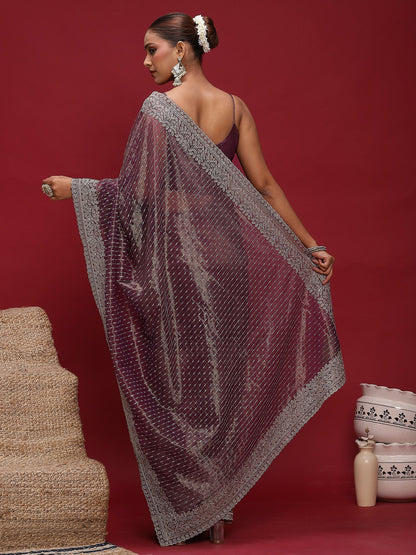 Lavendar Party Wear Net Embellished Saree