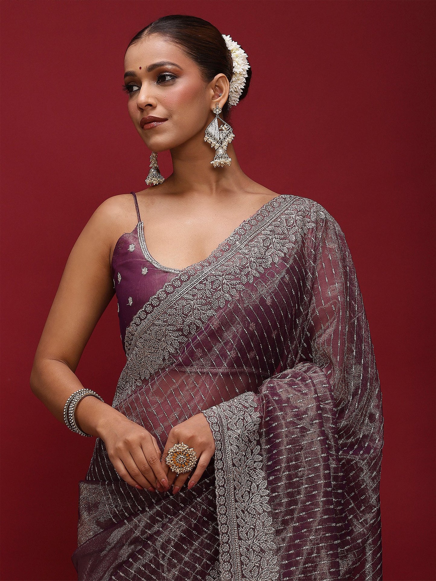 Lavendar Party Wear Net Embellished Saree