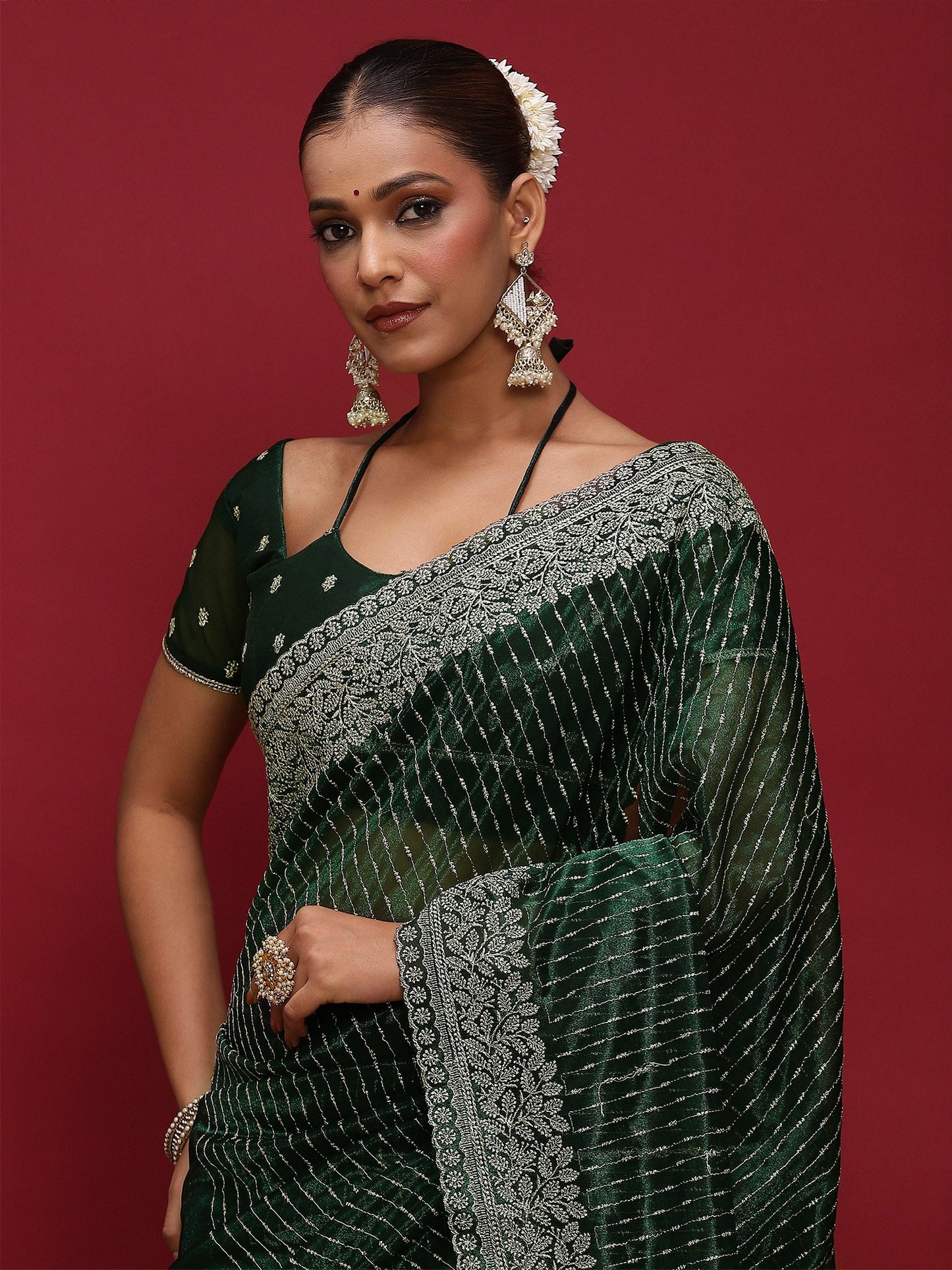 Green Party Wear Net Embellished Saree
