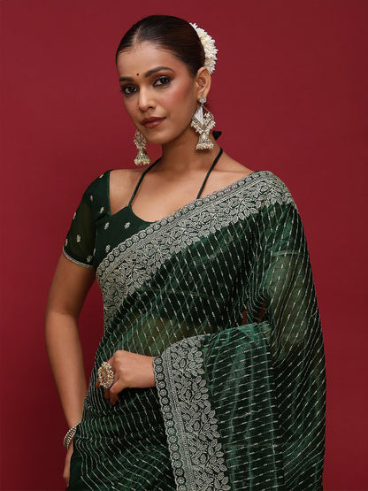 Green Party Wear Net Embellished Saree