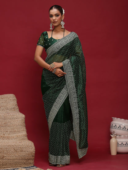Green Party Wear Net Embellished Saree