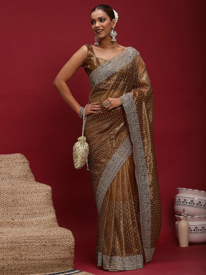 Brown Party Wear Net Embellished Saree