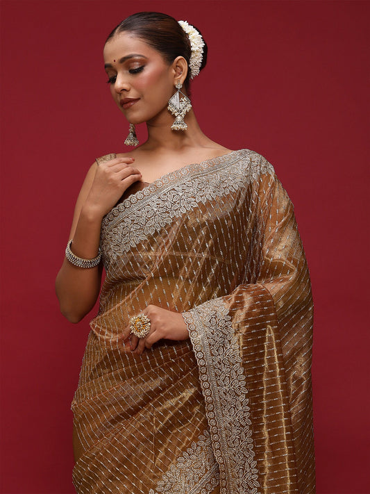 Brown Brown Party Wear Net Embellished Saree