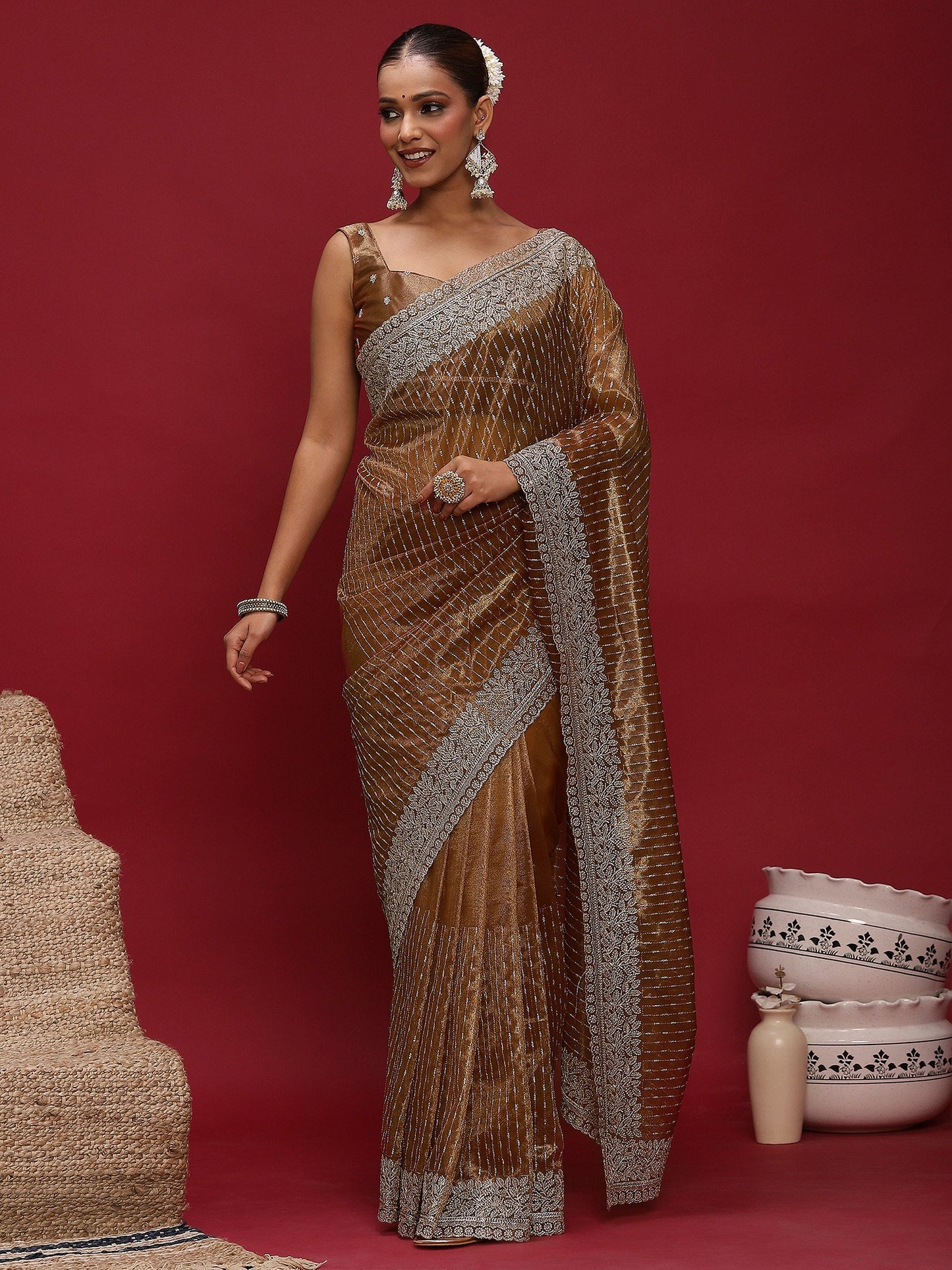 Brown Party Wear Net Embellished Saree