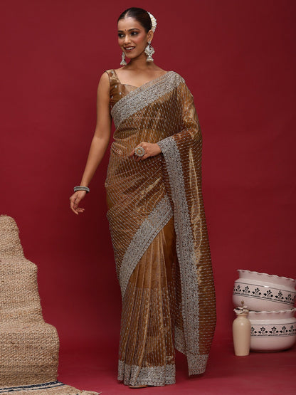 Brown Party Wear Net Embellished Saree
