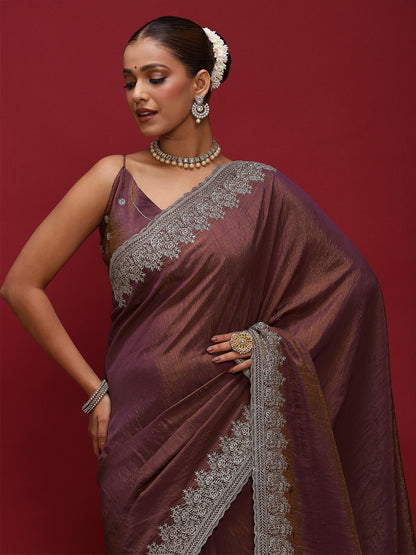 Brown Party Wear Silk Blend Embellished Saree