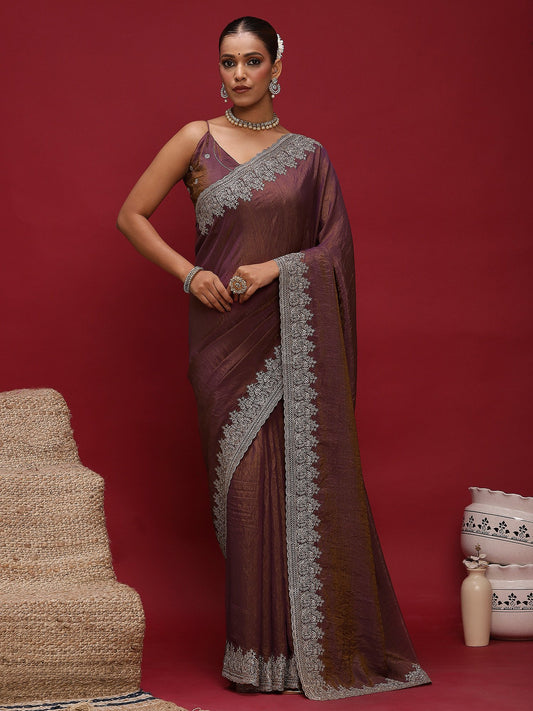 Brown Brown Party Wear Silk Blend Embellished Saree