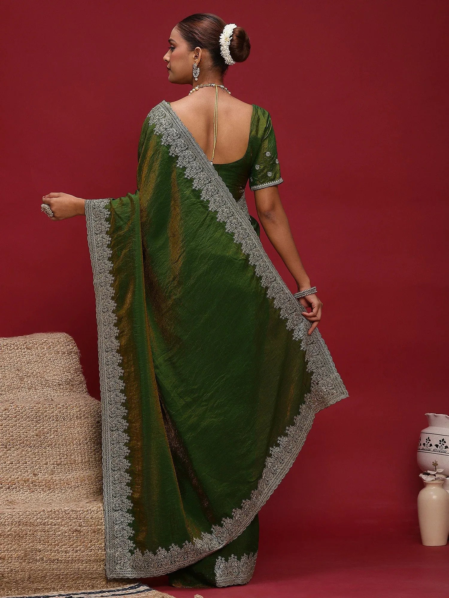 Green Party Wear Silk Blend Embellished Saree - The Dori Store