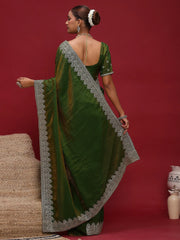 Green Party Wear Silk Blend Embellished Saree - The Dori Store