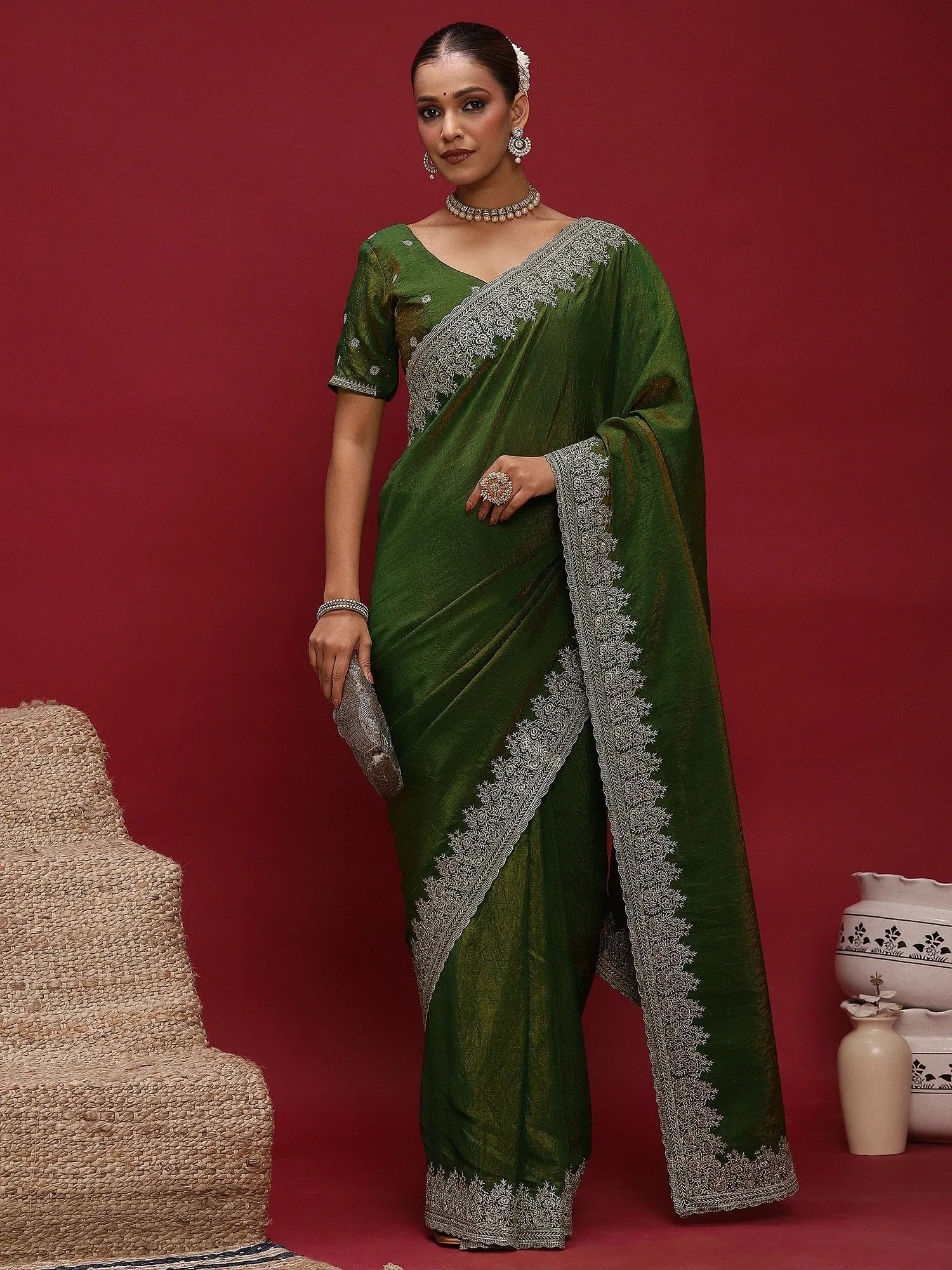 Green Party Wear Silk Blend Embellished Saree - The Dori Store