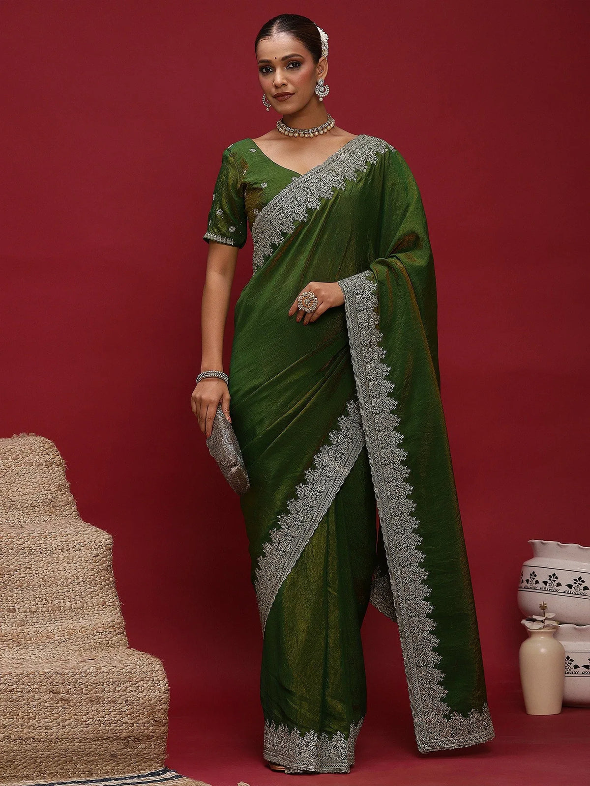 Green Party Wear Silk Blend Embellished Saree - The Dori Store