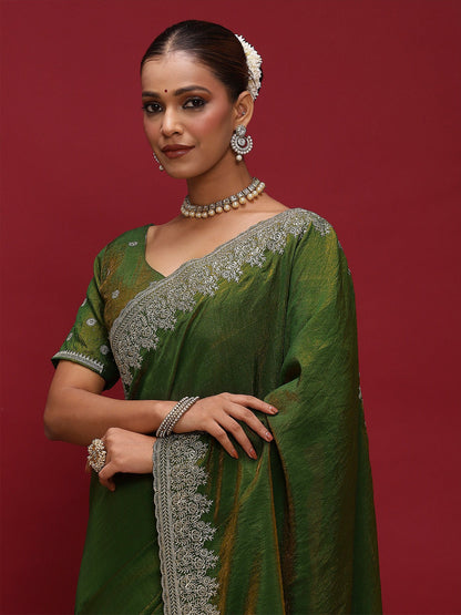 Green Party Wear Silk Blend Embellished Saree