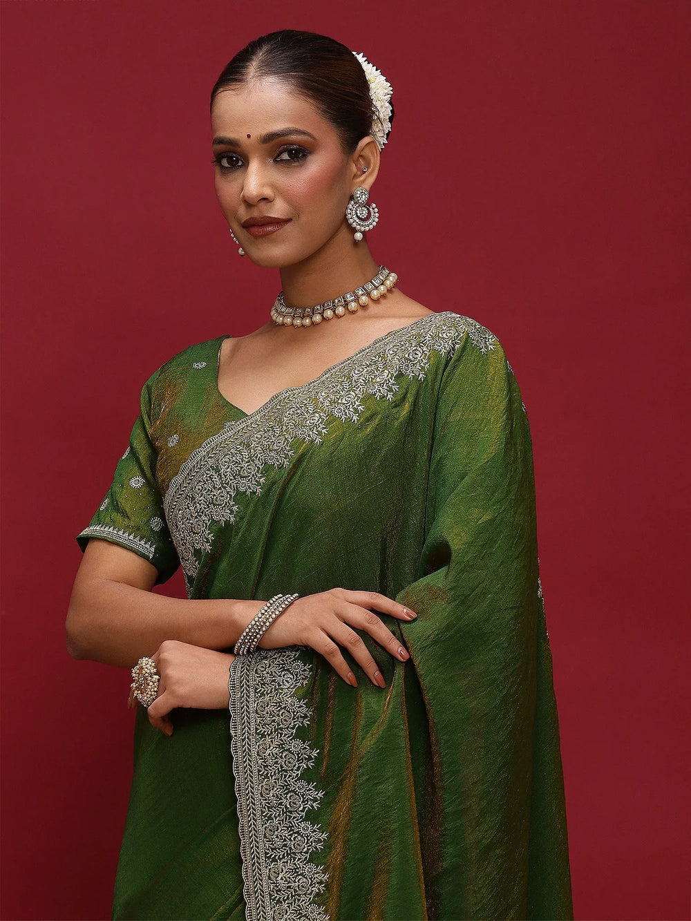 Green Party Wear Silk Blend Embellished Saree - The Dori Store