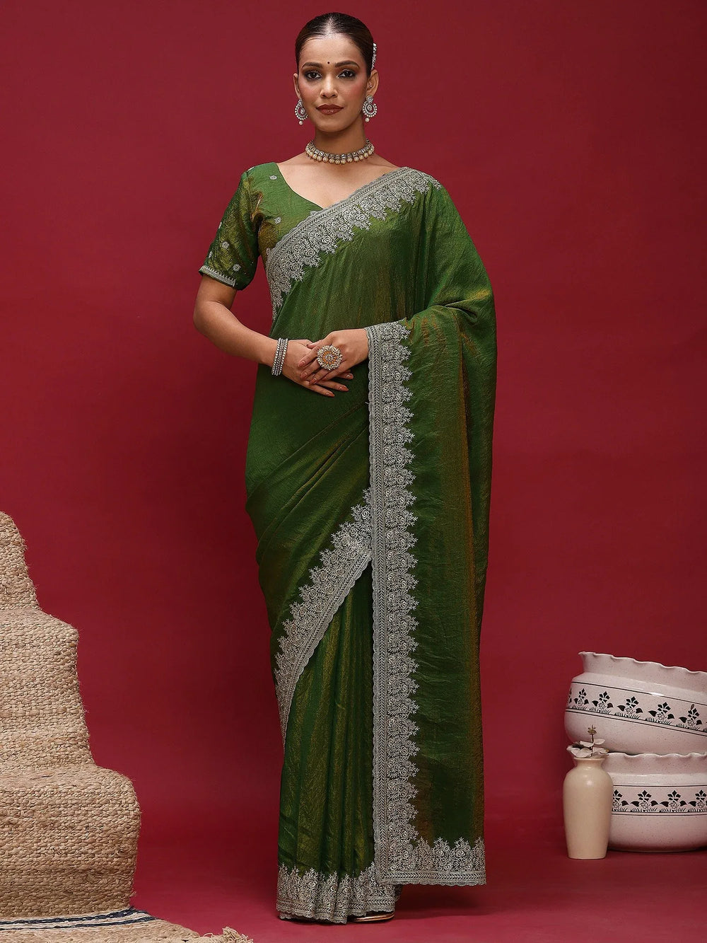 Green Party Wear Silk Blend Embellished Saree - The Dori Store