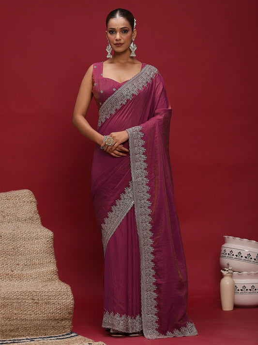 Pink Rose Party Wear Silk Blend Embellished Saree