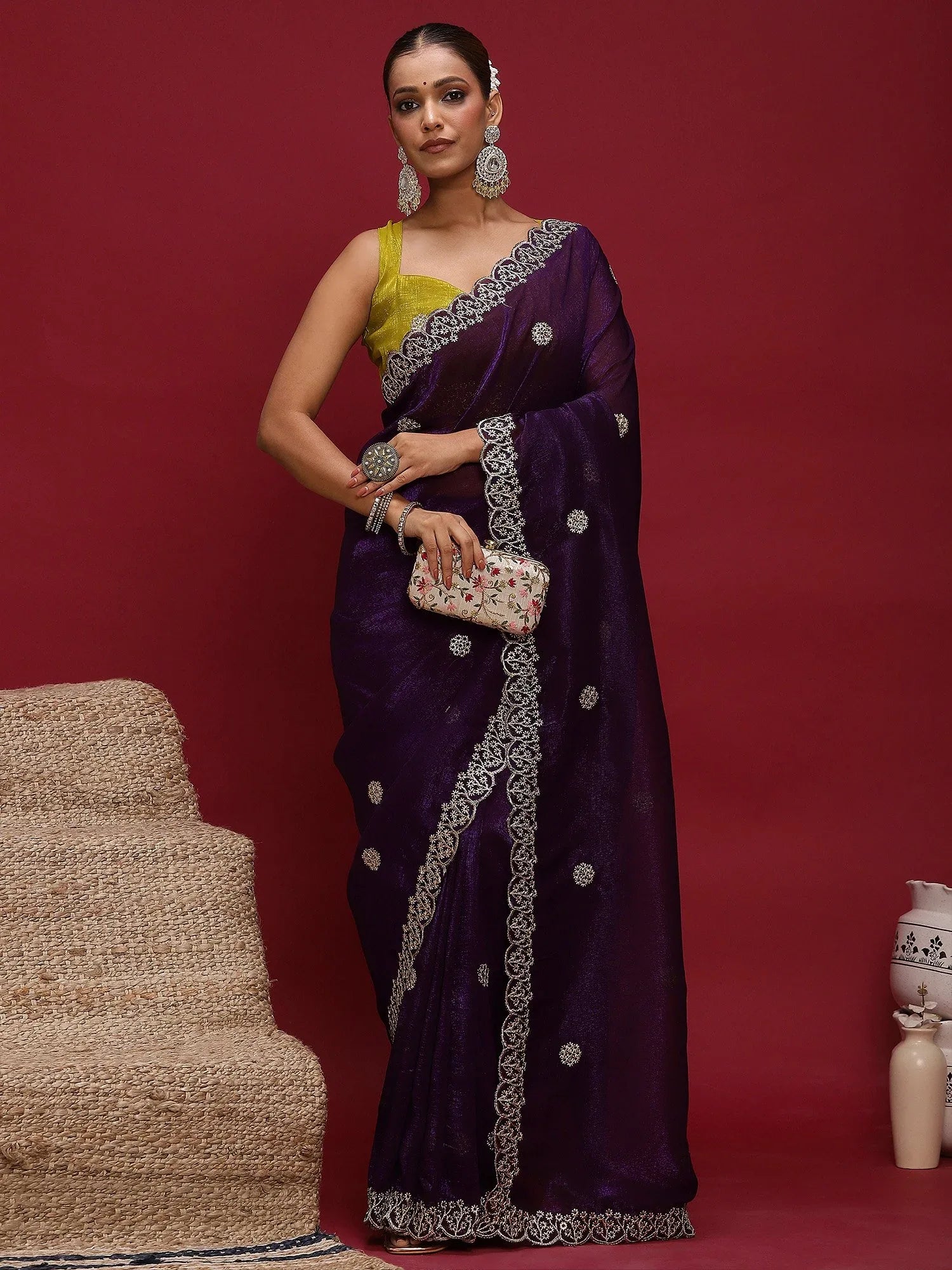 Purple Party Wear Tissue Embellished Saree