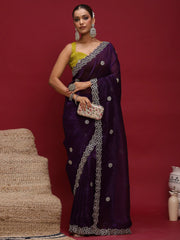 Purple Party Wear Tissue Embellished Saree