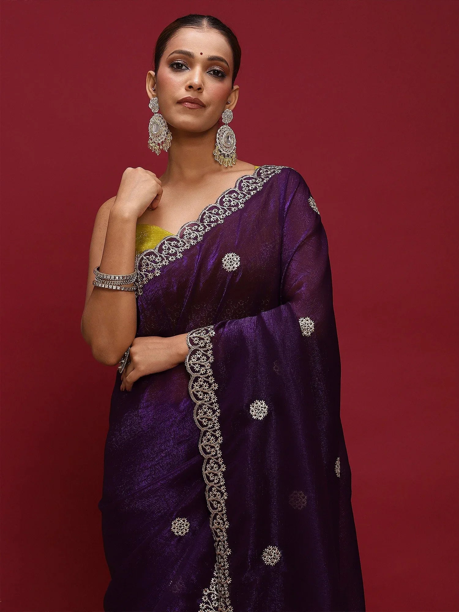 Purple Party Wear Tissue Embellished Saree