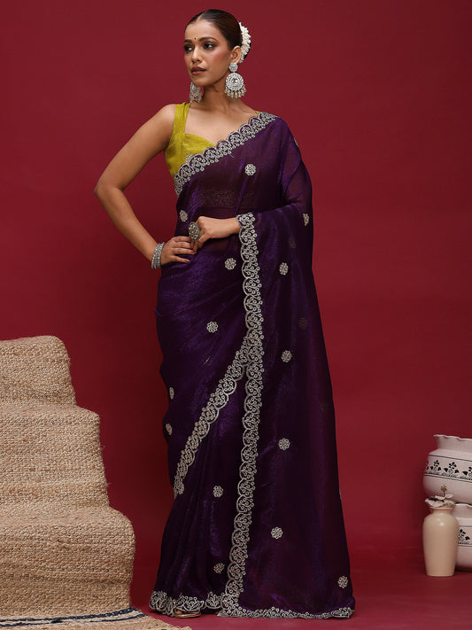 Purple Purple Party Wear Tissue Embellished Saree