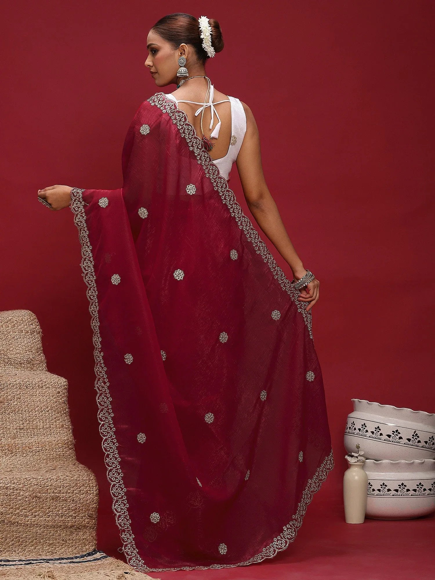 Red Party Wear Tissue Embellished Saree