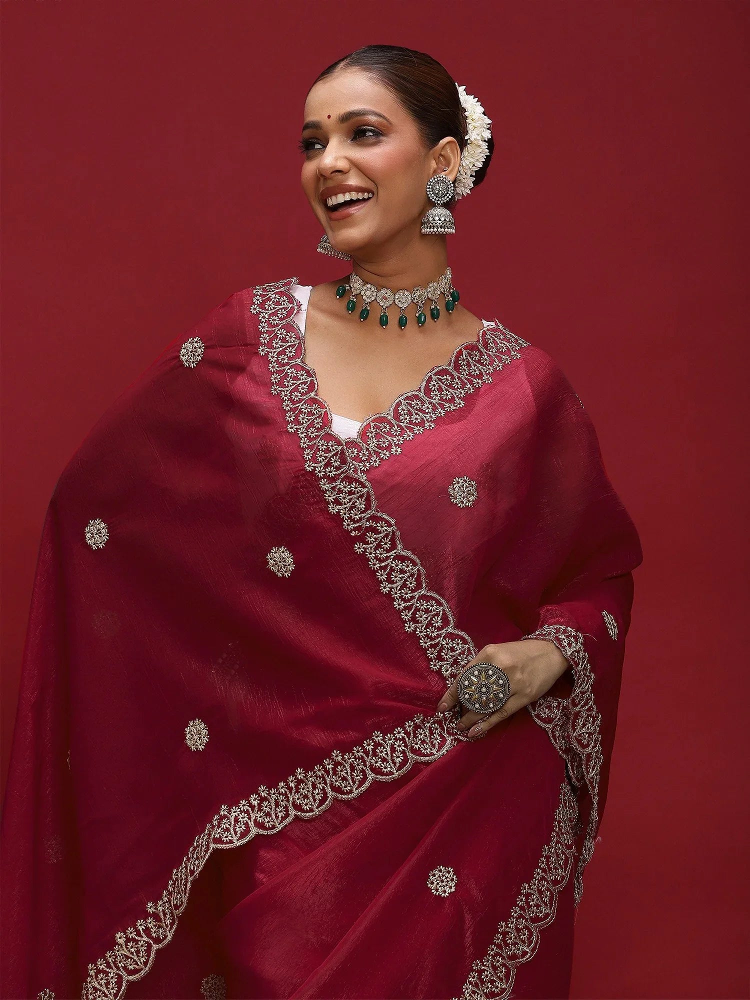 Red Party Wear Tissue Embellished Saree