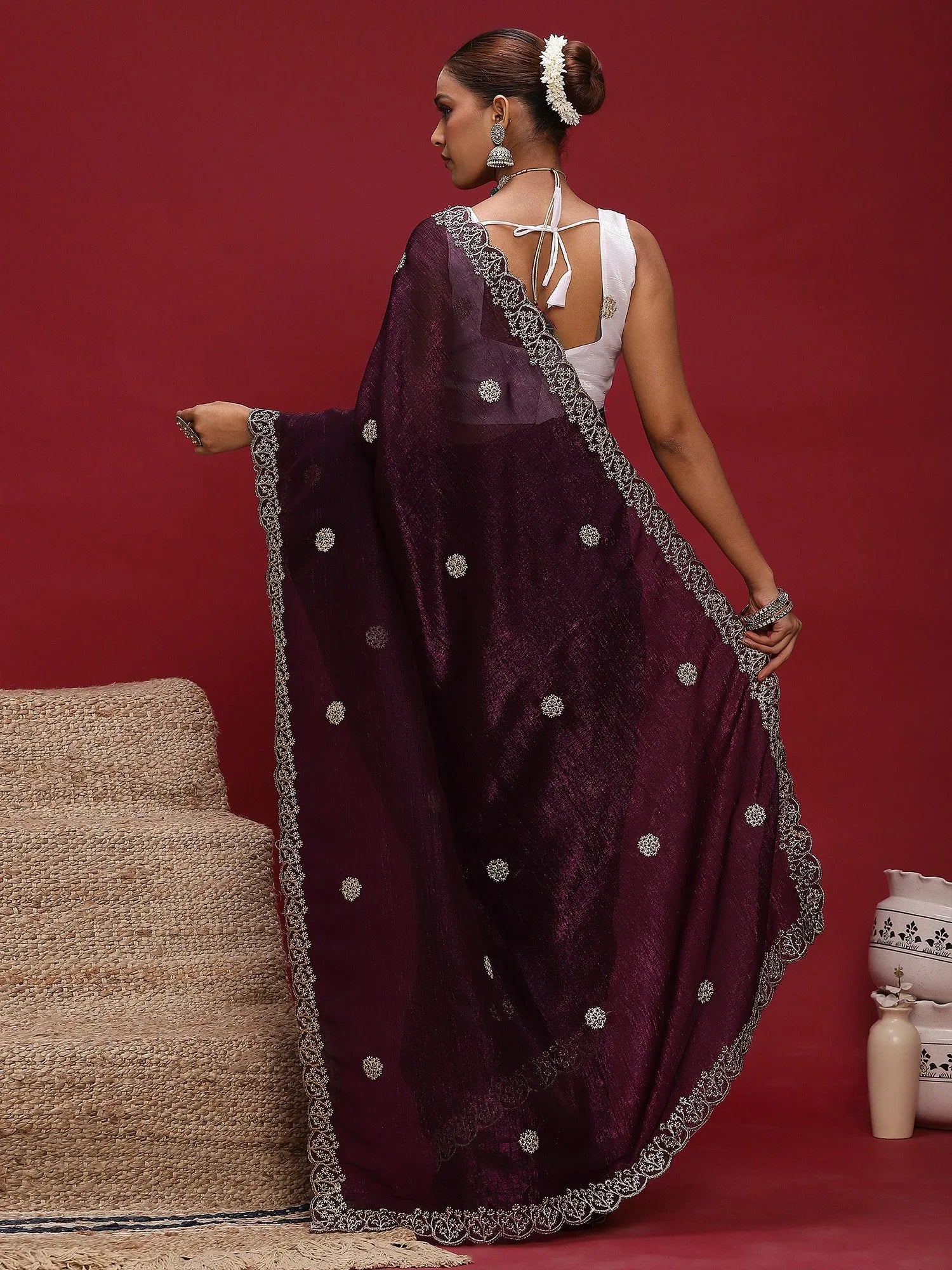 Purple Party Wear Tissue Embellished Saree