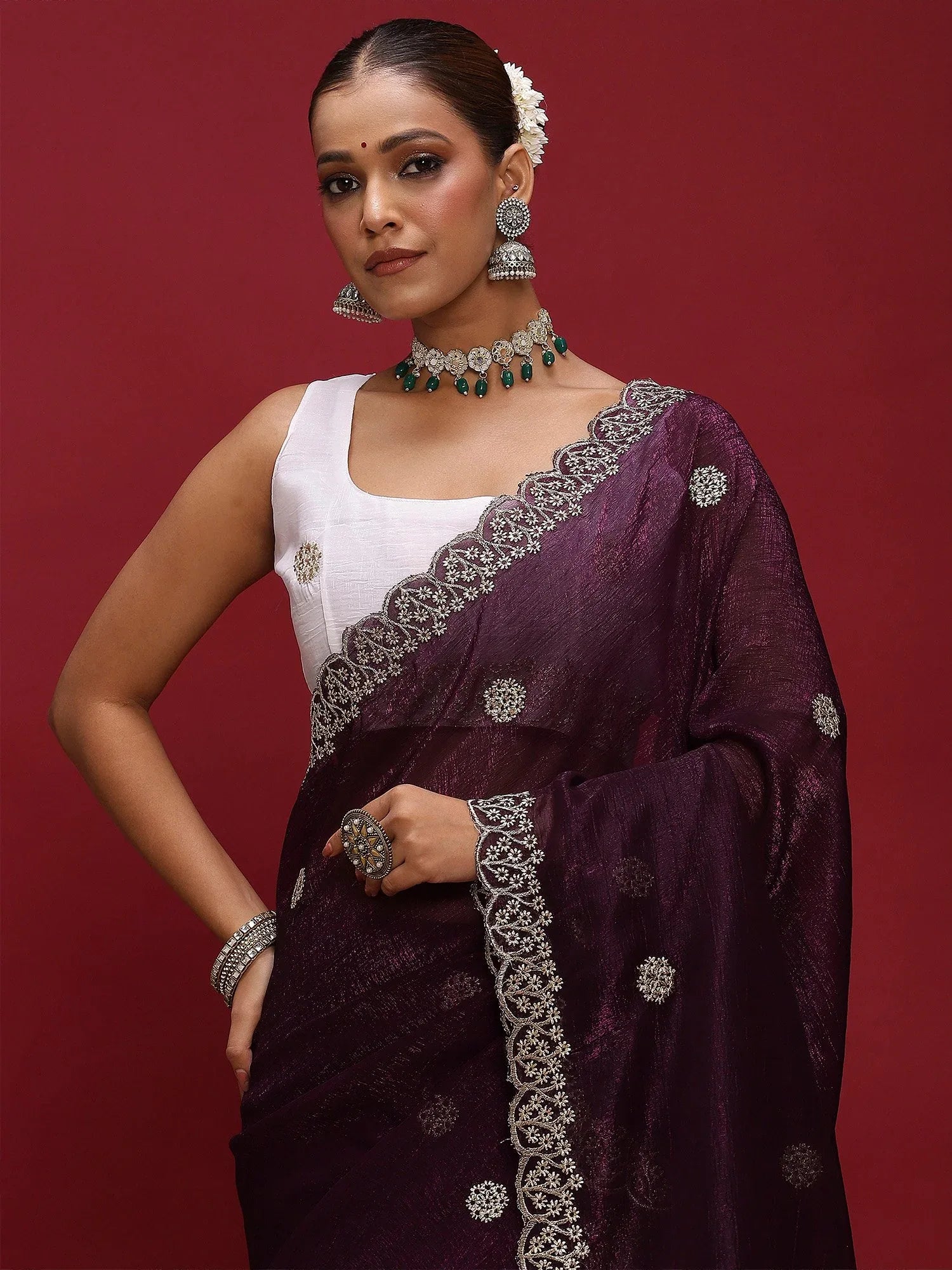 Purple Party Wear Tissue Embellished Saree