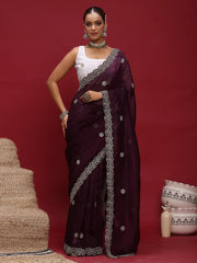 Purple Purple Party Wear Tissue Embellished Saree