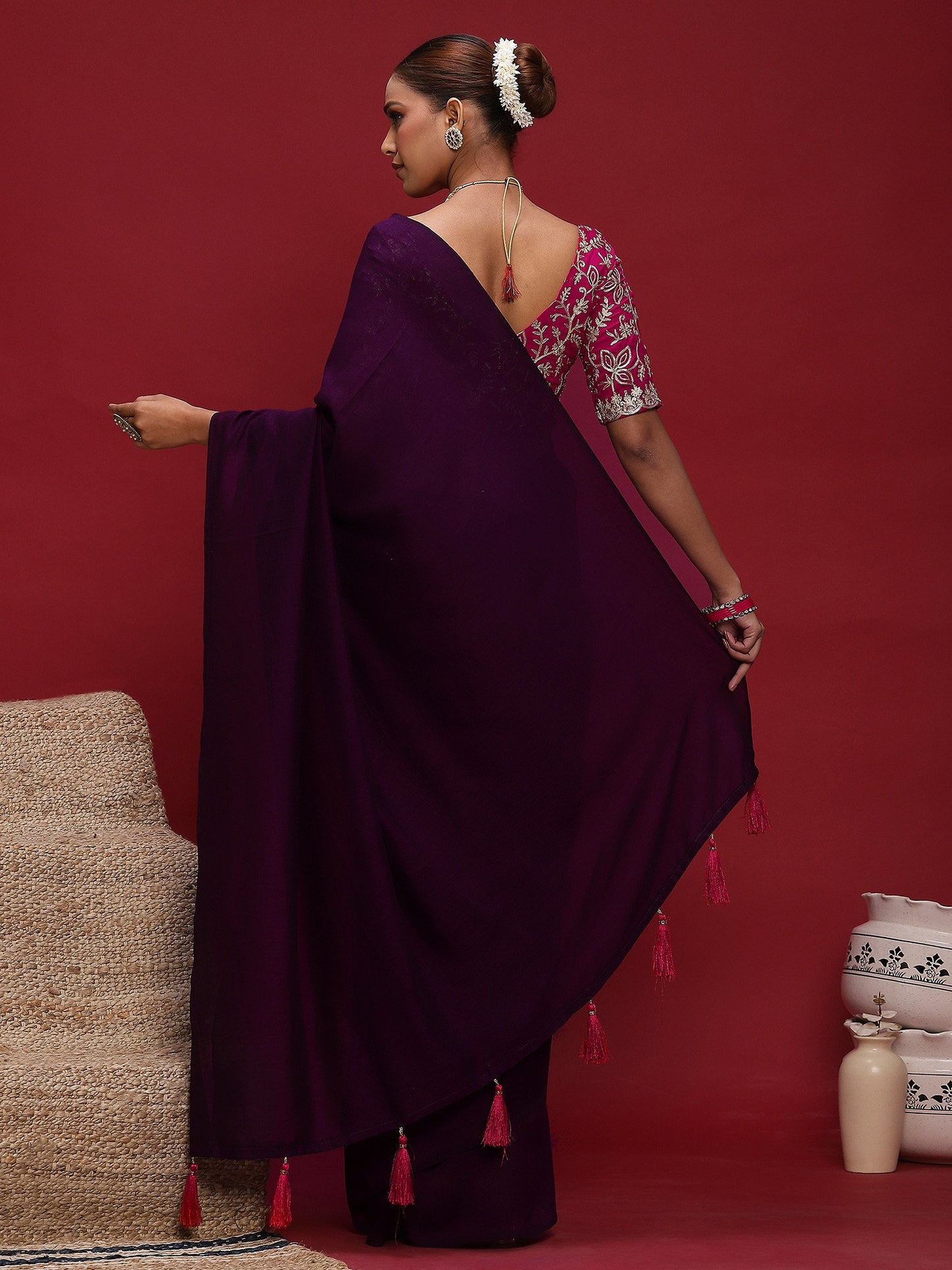 Purple Party Wear Vichitra Silk  Solid Saree