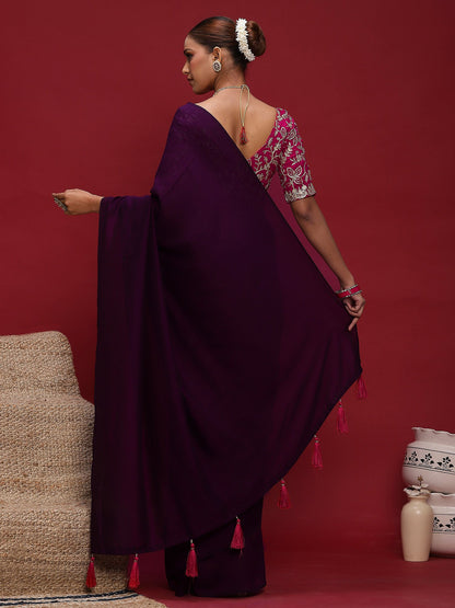 Purple Party Wear Vichitra Silk  Solid Saree