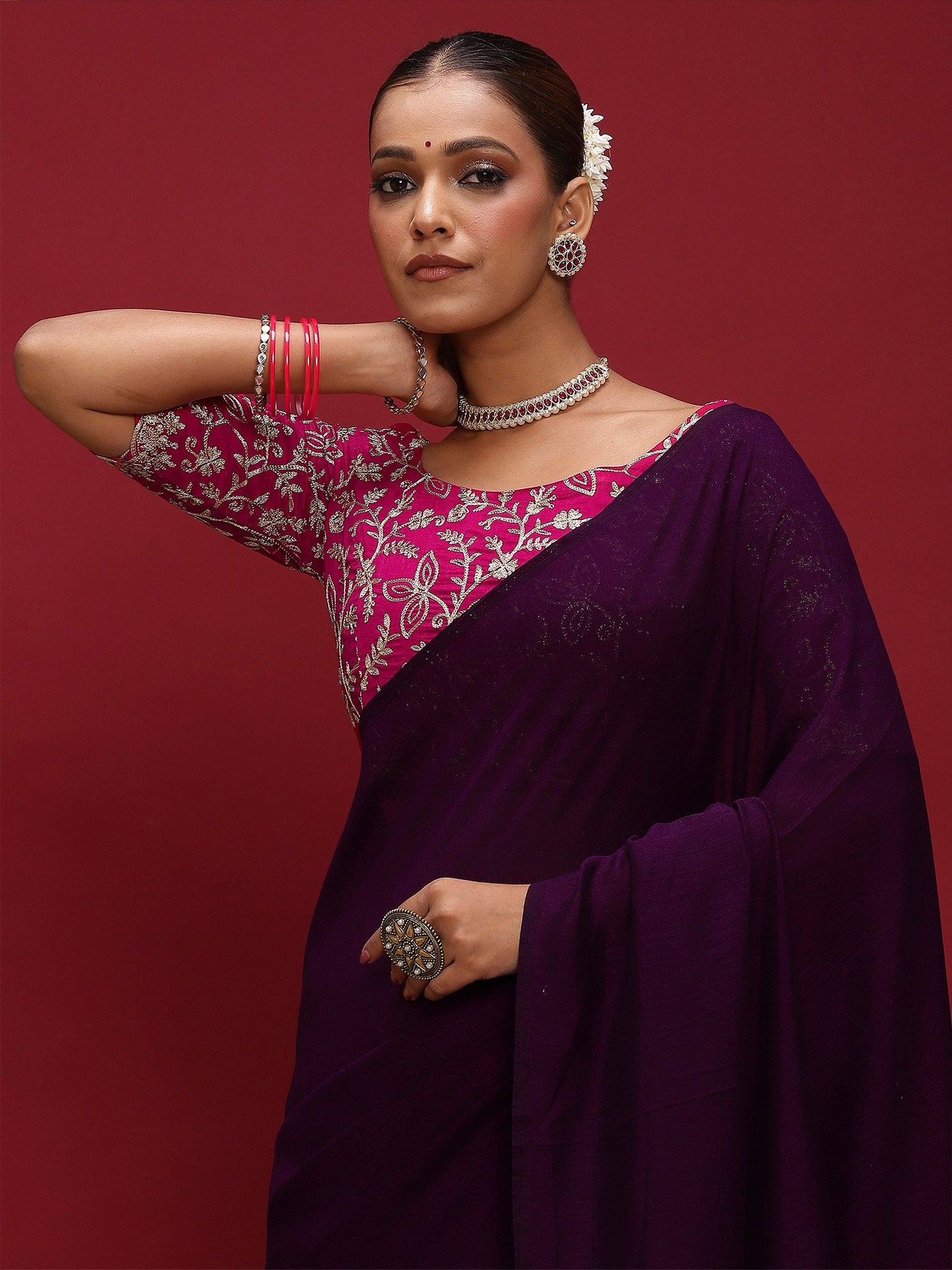 Purple Party Wear Vichitra Silk  Solid Saree
