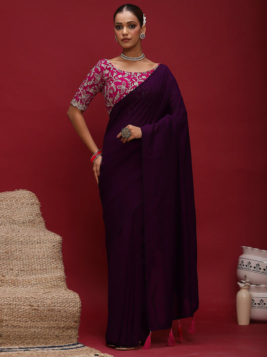 Purple Purple Party Wear Vichitra Silk  Solid Saree