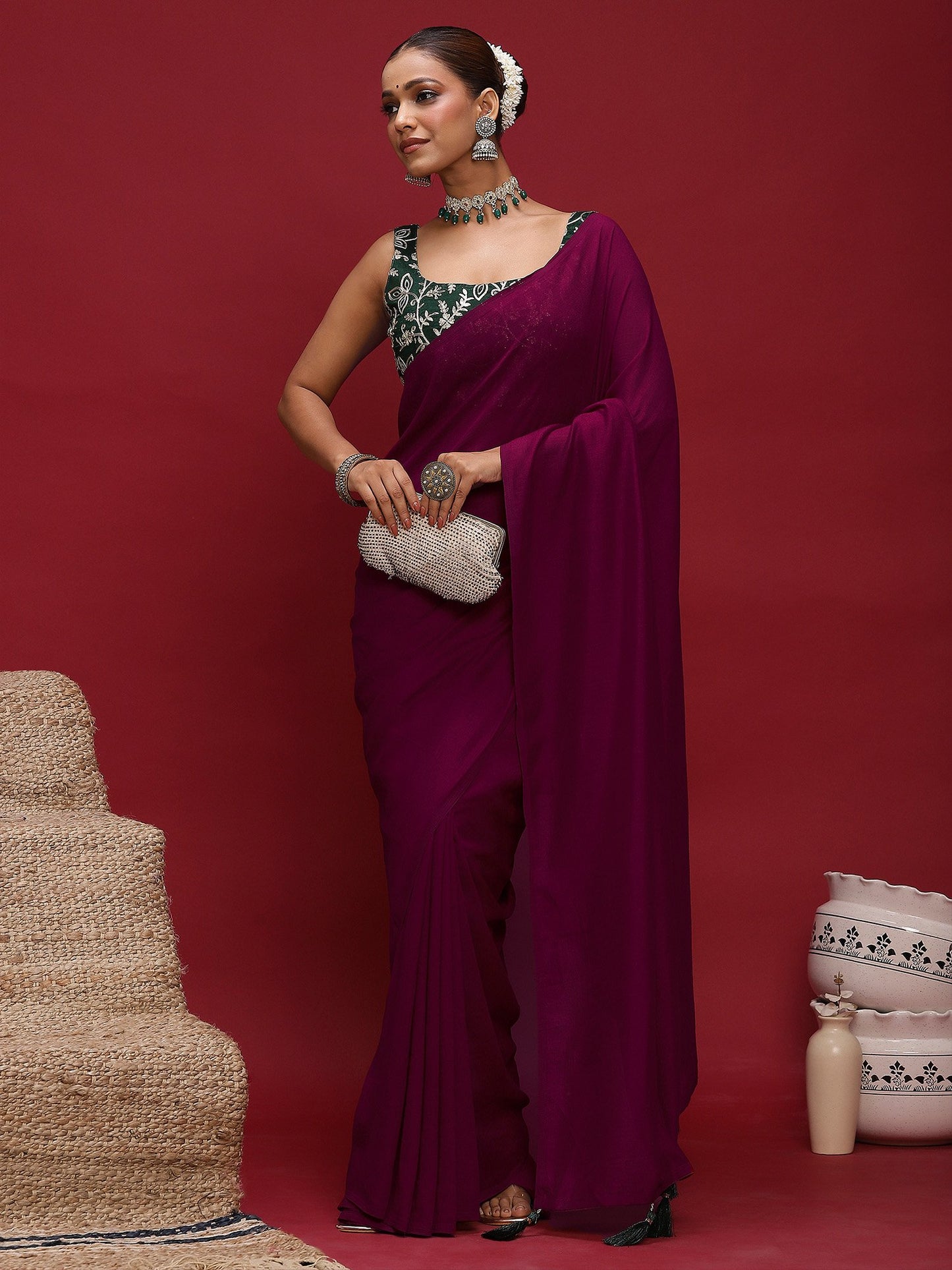 Purple Party Wear Vichitra Silk  Solid Saree