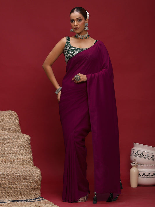 Purple Purple Party Wear Vichitra Silk  Solid Saree
