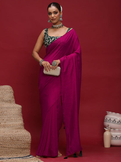 Pink Party Wear Vichitra Silk  Solid Saree