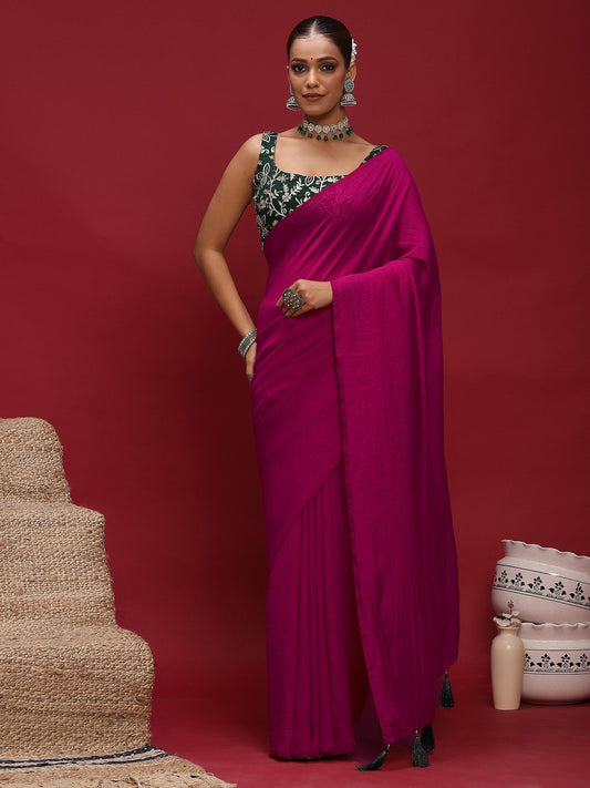 Pink Pink Party Wear Vichitra Silk  Solid Saree