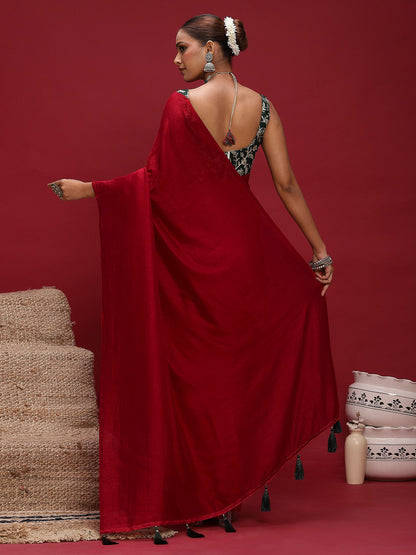 Red Party Wear Vichitra Silk  Solid Saree