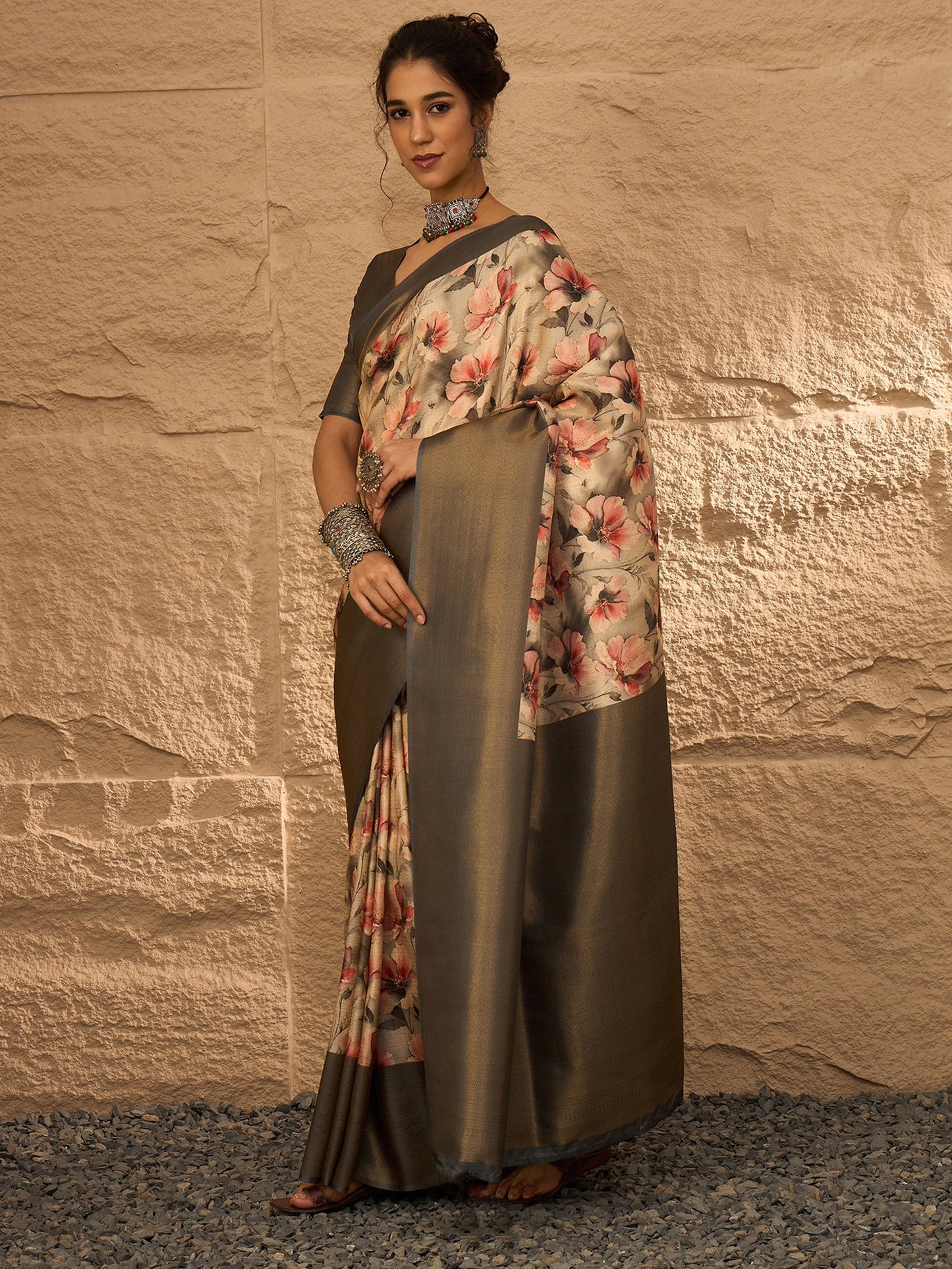 Beige Banarasi Silk Blend Digital Print Saree