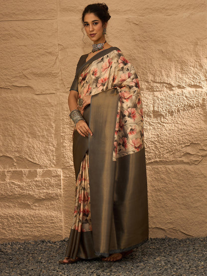 Beige Banarasi Silk Blend Digital Print Saree