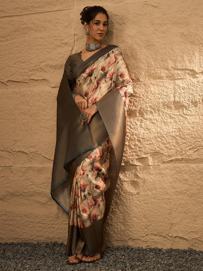 Beige Banarasi Silk Blend Digital Print Saree