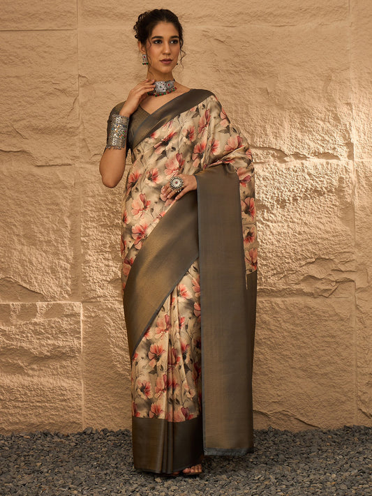 Cream Beige Banarasi Silk Blend Digital Print Saree