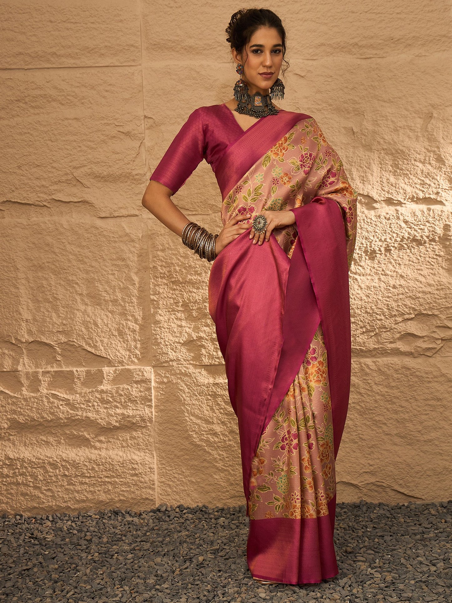 Beige Banarasi Silk Blend Digital Print Saree
