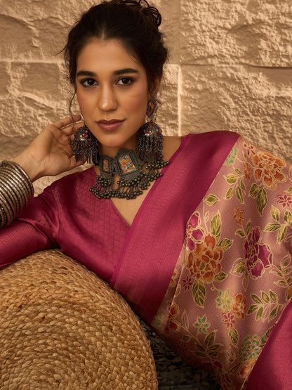 Beige Banarasi Silk Blend Digital Print Saree